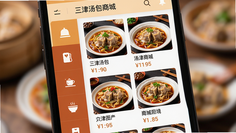 �ֻ�������д��չʾ�����������̳ǡ��Ĳ˵�����ҳ�棬���Ϊ��ֱ���������Ҳ�Ϊ����ʳ��ͼƬ����ÿ�����·���ע������۸񡣱����黯��ͻ����Ļ���ݵ��������������ԡ�������Ʋ��ñ�ƽ�����ɫ����ů��ͼ�����׶��������ִ��ƶ�UI�����ѧ��������Ӱ�����ʵ��ǿ���޶���ˮӡ�����ָ��š�