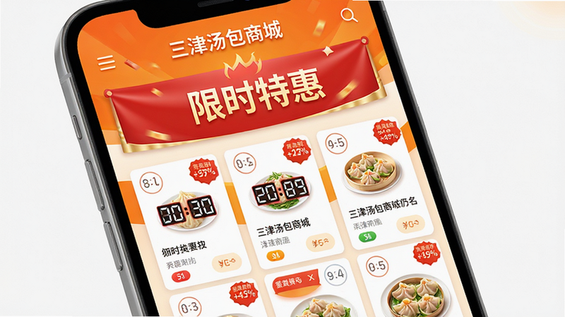 �ֻ���Ļ��ʾ�����������̳ǡ��Ļר��ҳ�棬����Ϊ��ɫ����Ĵ��������д�š���ʱ�ػݡ����·������Ŷ�����е���ʱ���ۿ۱�ǩ����Ʒ��Ƭ������Ϊ�����ĳ�ɫ���ɫ���䣬Ӫ����ȸк����ַ�Χ������Ԫ����������ť��Ŀ�����ֵ��̴������Ӿ���������������Ⱦ��ɫ�����ޣ�ϸ�ڷḻ�������ұ���Ԫ�ء�