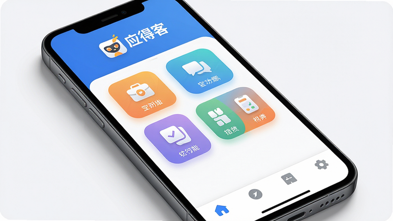 主体为智能手机屏幕界面展示,布局清晰,顶部显示“应得客”应用Logo,中部为网格状功能入口图标,底部为导航栏,排版整洁有序,风格为现代扁平化设计,细节处体现光影质感,画质高清,干净,无多余元素