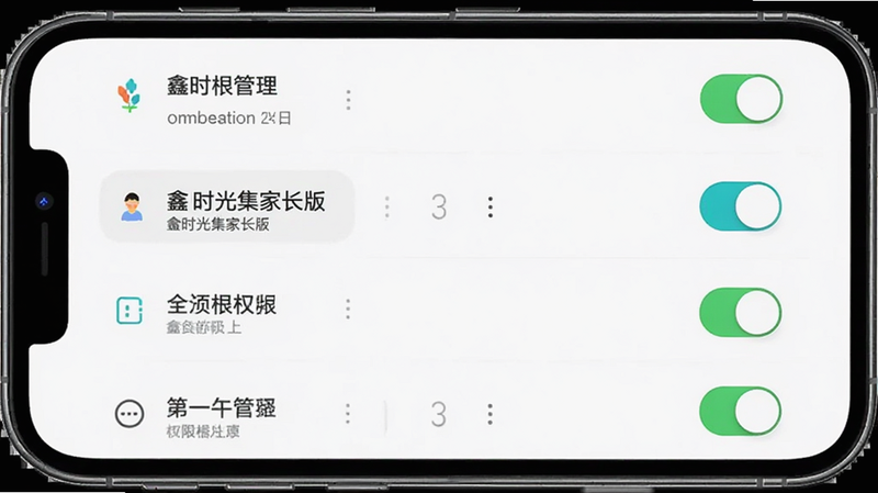 手机设置界面,主体为权限管理列表,布局为垂直列表,风格扁平化,细节包含'鑫时光集家长版'权限开关,画质清晰,干净,无多余元素