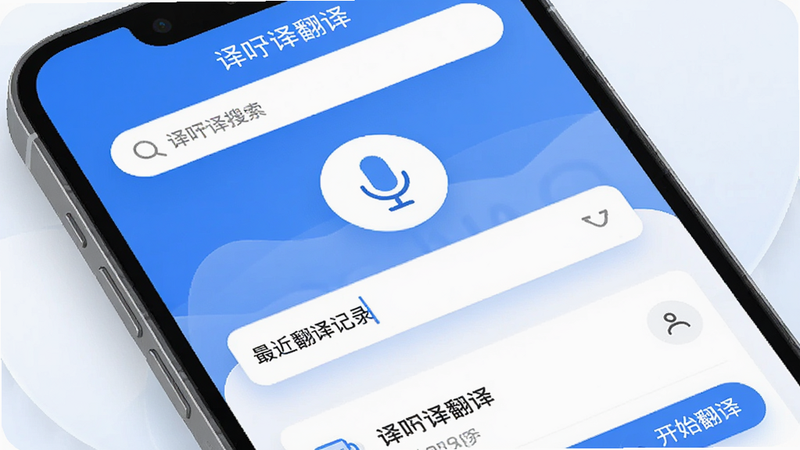 主体为手机屏幕界面,显示译吖译翻译APP首页,布局清晰,上方是搜索栏,中间是大大的麦克风图标和输入框,下方是最近翻译记录列表,风格简约现代,蓝色为主色调,细节处有柔和阴影,画质高清,干净无多余元素,文字包含