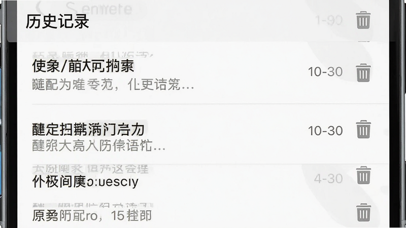 主体为手机列表界面,显示多条翻译历史记录,每条记录包含原文、译文和时间戳,布局垂直排列,风格简洁明了,细节处有垃圾桶图标表示删除,画质清晰,干净无多余背景,文字包含