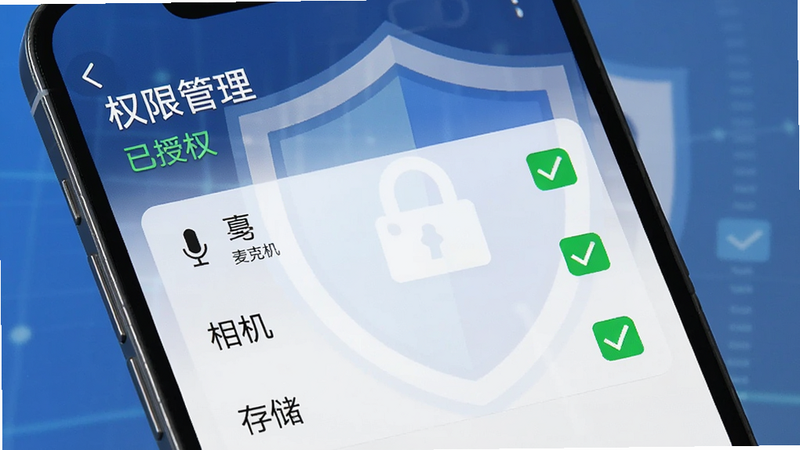主体为手机设置界面,显示权限管理列表,麦克风、相机、存储权限均被勾选,背景是盾牌图标,布局清晰,风格安全可信,细节处有绿色对勾,画质清晰,干净无多余元素,文字包含