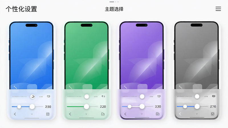 主体为手机主题切换界面,展示了四种不同颜色的主题预览卡片,分别是蓝色、绿色、紫色和灰色,布局网格状,风格时尚简约,细节处有滑块调节字体大小,画质高清,干净无杂乱元素,文字包含