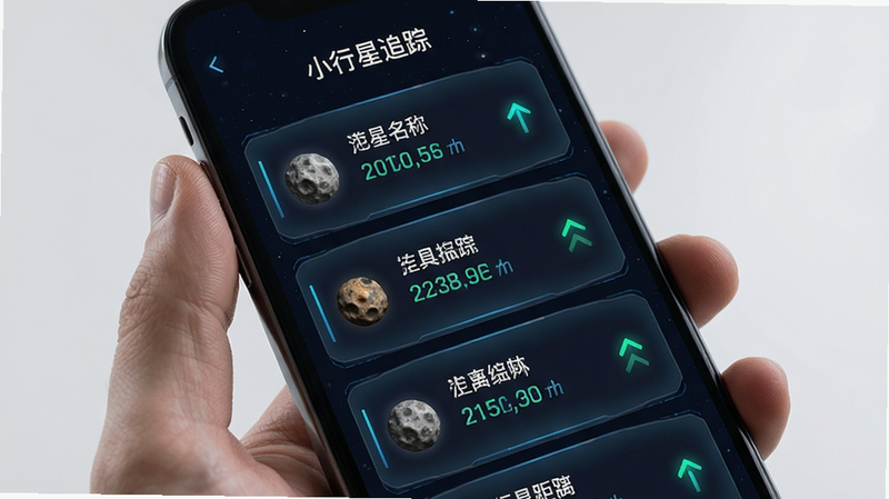 主体为手机界面展示小行星追踪列表,布局为卡片式,每张卡片显示小行星名称和距离。风格为科技感,细节包含距离数值和趋势箭头,画质清晰,干净,无多余元素,文字“小行星追踪”