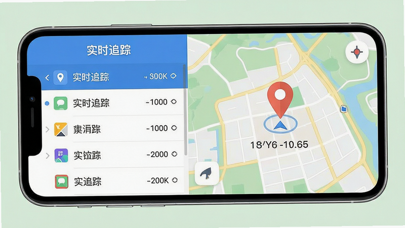 主体为手机界面展示实时追踪功能,布局左侧为列表,右侧为地图定位图。风格为扁平化设计,细节显示经纬度数据和箭头指示,画质清晰,干净,无多余元素,文字“实时追踪”