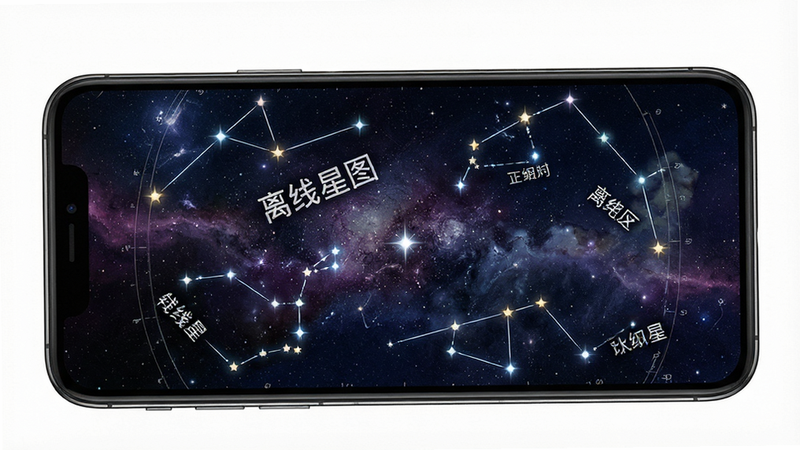主体为手机界面展示离线星图,布局全屏显示星空背景,叠加星座连线。风格为深空美学,细节包含星星闪烁效果和星座名称标注,画质细腻,干净,无多余元素,文字“离线星图”