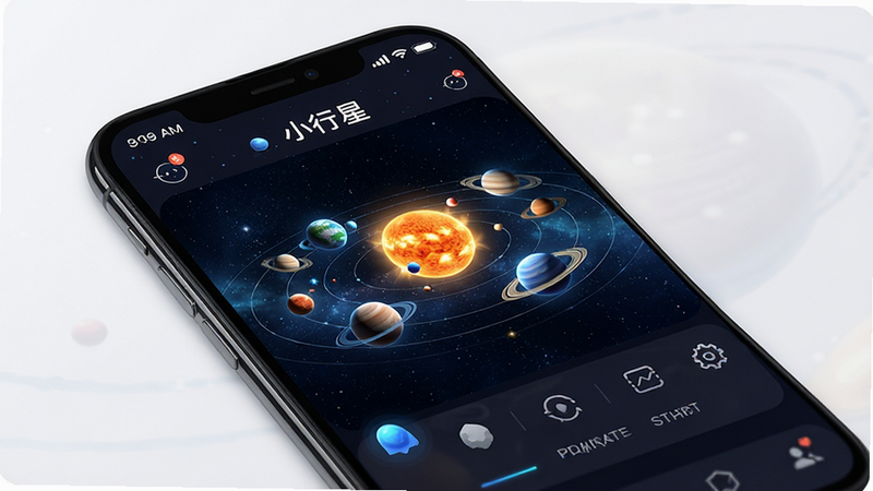 主体为手机屏幕展示“小行星”APP界面,布局清晰,顶部为状态栏,中部为3D太阳系模拟视图,底部为功能菜单。风格为科技感UI设计,细节包含发光的行星模型和星空背景,画质高清,干净,无多余元素,文字“小行星”清晰可见