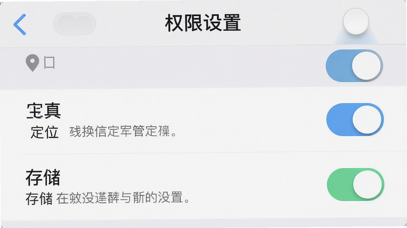 主体为手机设置界面展示权限管理,布局为列表形式,高亮显示“定位”和“存储”选项。风格为系统原生UI,细节包含开关按钮和描述文字,画质清晰,干净,无多余元素,文字“权限设置”