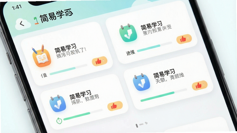 主体为手机界面展示学习模式,布局为卡片式列表,每张卡片包含图标和简短说明。风格为清新教育风,细节包含进度条和点赞按钮,画质明亮,干净,无多余元素,文字“简易学习”