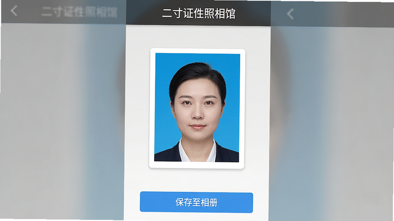 主体为二寸证件照相馆安卓版应用界面,布局为居中显示一张已生成好的标准二寸蓝底证件照,排版简洁,风格为现代极简主义UI设计,细节包含顶部“二寸证件照相馆”标题栏、底部“保存至相册”按钮、中间照片预览区带有白色边框,画质高清,干净,无多余元素,文字“二寸证件照相馆”清晰可见
