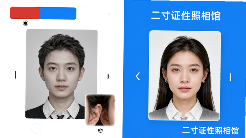 主体为二寸证件照相馆的换底功能演示图,布局为左右分栏,左侧为原始灰底照片,右侧为生成后的蓝底照片,排版对比鲜明,风格为明亮清爽,细节包含色彩选择条(红蓝白)、人物面部特写、边缘融合效果展示,画质高清,干净,无多余元素,文字“二寸证件照相馆”位于角落
