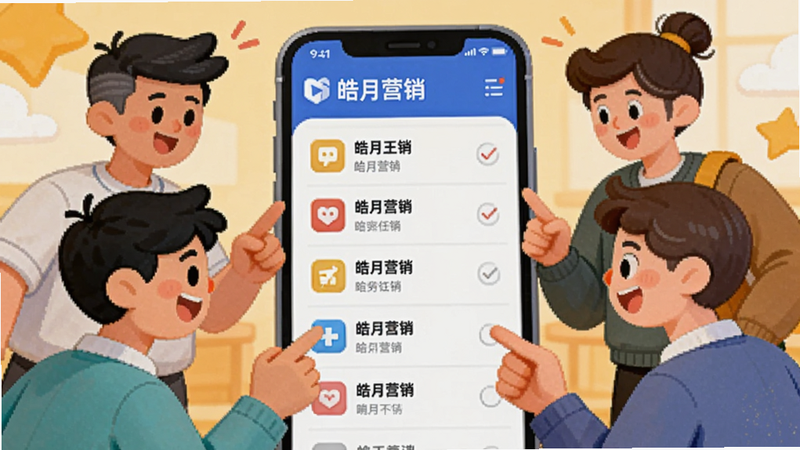 展示多人协作场景的插画,几个卡通人物围绕手机屏幕讨论,屏幕显示“皓月营销”任务列表,明亮活泼的风格,细节丰富,无文字乱码