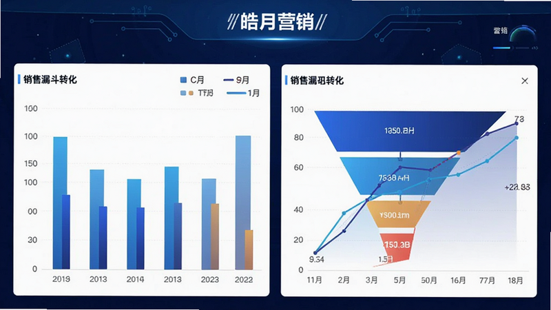 “皓月营销”数据看板界面,展示柱状图和折线图,体现销售漏斗转化,深蓝色背景,高对比度,科技感强,高清,无多余元素