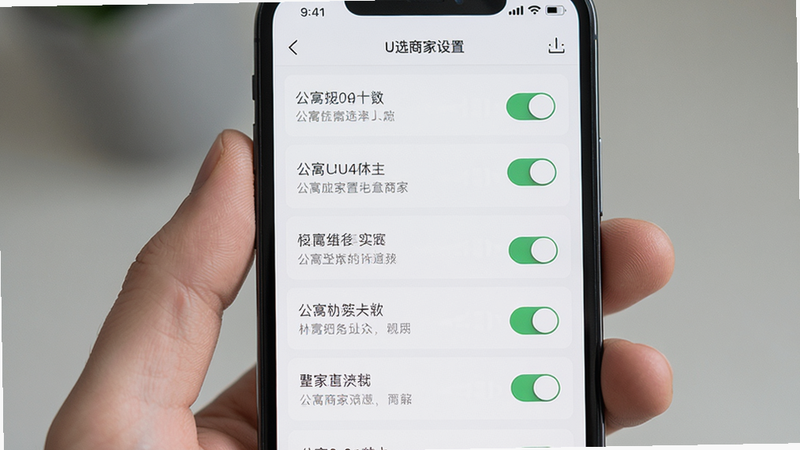 主体为手机屏幕特写,显示公寓U选商家端设置界面,布局为垂直列表,排版简洁,风格为清晰实用风,细节包含开关按钮与文字说明,画质高清,干净,无多余元素