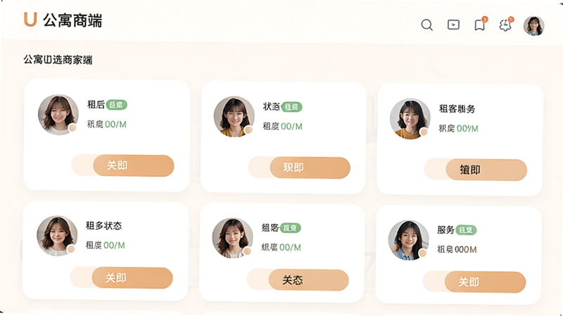 主体为公寓U选商家端租客管理界面,布局为卡片列表,显示租客头像与状态,排版友好,风格为温馨服务风,细节包含状态标签与操作按钮,画质高清,干净,无多余元素