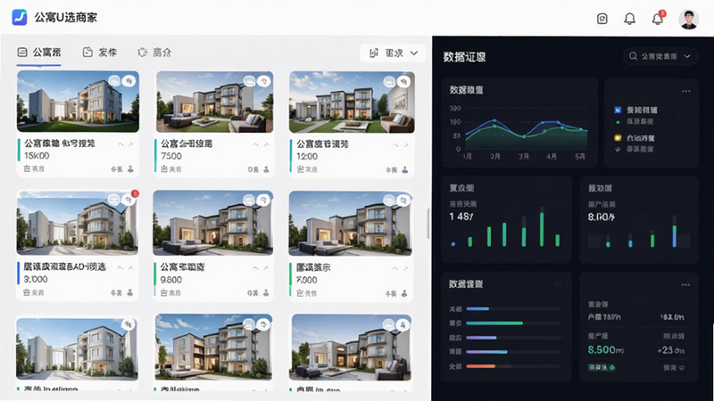 主体为公寓U选商家端App界面全景,布局采用左右分栏结构,左侧显示房源列表卡片,右侧展示数据仪表盘,排版整洁有序,风格为现代扁平化商务风,细节包含清晰的图标与高对比度文字,画质高清,干净,无多余元素