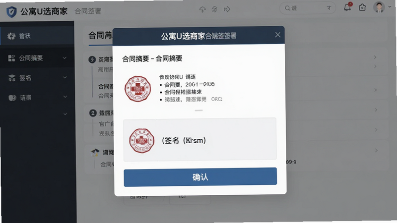 主体为公寓U选商家端合同签署界面,布局为中心弹窗样式,显示合同摘要与签名区域,排版紧凑,风格为严肃正式风,细节包含电子印章图标与确认按钮,画质清晰,干净,无多余元素