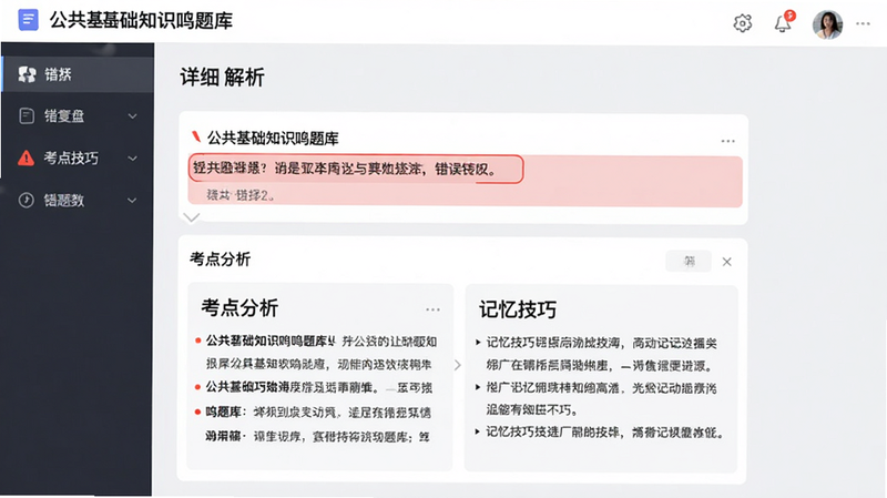 展示“公共基础知识鸣题库”错题本功能的界面,屏幕中央显示一道被红色高亮标记的错误选择题,下方展开详细的解析面板,包含“考点分析”和“记忆技巧”两个模块,背景为浅灰色,突出红色警示色,体现纠错与复盘的核心功能,界面整洁,字体清晰,专业教育软件UI风格