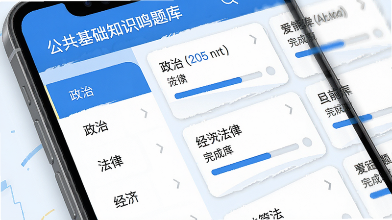 手机屏幕特写,显示“公共基础知识鸣题库”的分类选择界面,左侧为侧边栏菜单列出“政治”、“法律”、“经济”等选项,右侧为对应的题目列表,界面采用卡片式布局,每个卡片带有进度条显示完成度,色彩以蓝白为主,视觉层次分明,细节清晰,高质量数字插画风格