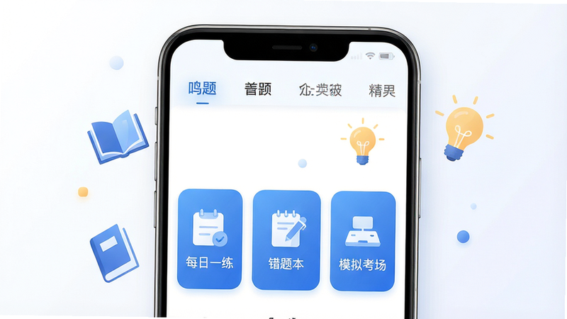 一张现代简约风格的手机应用界面展示图,主体为竖屏显示的“公共基础知识鸣题库”APP首页,背景为柔和的白色渐变,屏幕中央显示清晰的导航栏和“每日一练”、“错题本”、“模拟考场”三个大图标按钮,图标采用扁平化设计,蓝色为主色调,周围点缀着抽象的书本和灯泡元素象征知识启发,画面干净无多余装饰,高清质感,专业UI设计风格
