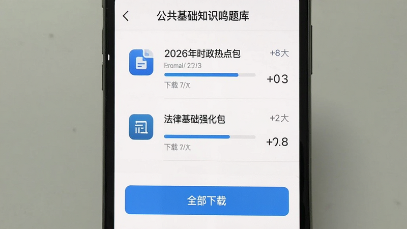 手机屏幕显示“公共基础知识鸣题库”的离线下载管理界面,列表中包含“2026年时政热点包”、“法律基础强化包”等资源,每项后显示下载进度条和大小,界面底部有“全部下载”按钮,背景为简洁的白色,图标清晰,体现便捷与稳定,极简主义设计风格