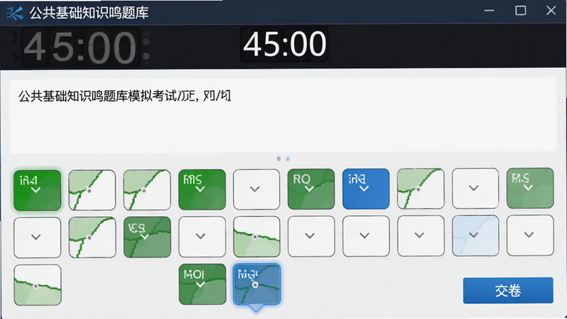 “公共基础知识鸣题库”模拟考试界面,顶部显示倒计时“45:00”,中间为题目区域,底部为答题卡网格,已答题目用绿色填充,未答题目为白色,当前题目用蓝色高亮,界面右下角有“交卷”按钮,整体风格严肃专业,模拟真实考场氛围,高清屏幕显示效果
