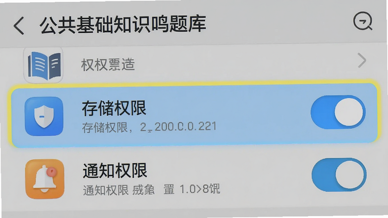 手机设置界面截图风格插画,显示“公共基础知识鸣题库”的应用权限设置页面,重点高亮“存储权限”和“通知权限”开关,背景为简洁的灰色列表,图标清晰,体现安全与隐私保护,扁平化设计,细节丰富
