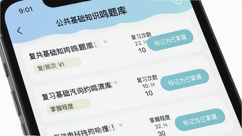 手机屏幕显示“公共基础知识鸣题库”的错题回顾界面,列表中包含多道错题,每道题旁有“复习次数”和“掌握程度”标签,界面右侧有“标记为已掌握”按钮,色彩柔和,强调学习过程与反馈,清晰易读,专业教育APP风格