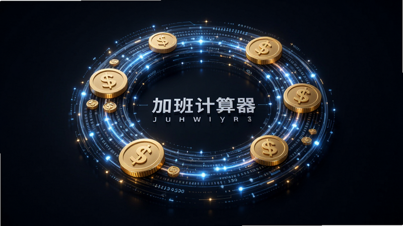 主体为抽象的数据流与金币图标融合,象征“加班计算器”的价值转化,布局呈环形结构,排版具有科技感,风格简约商务,细节展示数据流动的光效,画质细腻,干净无杂乱背景