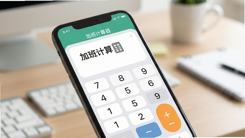 主体为手机屏幕特写,显示“加班计算器”App界面,背景为柔和的办公桌面,布局简洁现代,排版清晰,风格扁平化商务风,细节展示数字键盘与计算按钮,画质高清,干净无多余元素