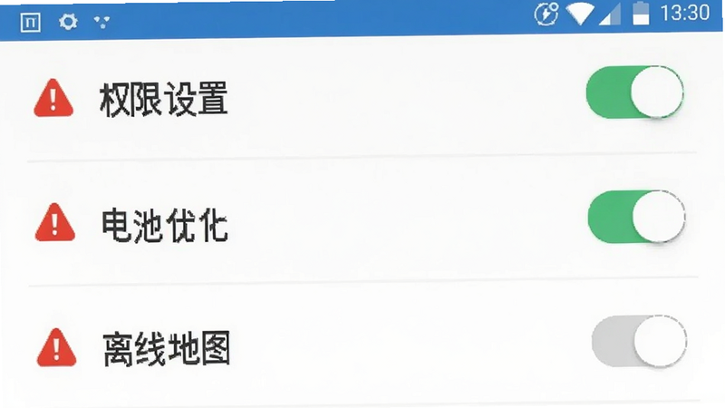 主体为金驮智链移动端设置界面,布局为列表式菜单,包含权限管理、电池优化、离线地图选项,风格为简约安卓原生风,细节包括开关控件状态、红色警示图标,画质清晰,无多余元素,图中文字包含