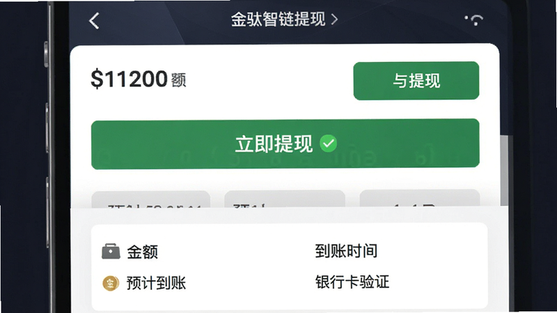 主体为金驮智链提现界面,布局上方显示余额与提现按钮,下方展示银行卡信息与到账时间,风格为金融稳重风,细节包括绿色确认按钮、金额数字高亮,画质清晰,无多余元素,图中文字包含