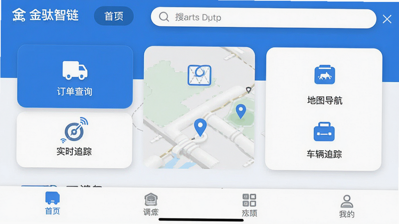 主体为金驮智链安卓APP主界面截图,布局采用扁平化设计,顶部显示导航栏与搜索框,中部为核心功能入口如订单查询、地图导航、车辆管理,底部为固定标签栏,风格为科技蓝与白色搭配,细节包括清晰的图标设计与柔和阴影,画质高清干净,无多余元素,图中文字包含