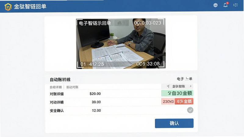 主体为金驮智链电子回单界面,布局上方显示签收照片预览,下方展示对账明细与确认按钮,风格为简洁办公风,细节包括照片水印时间戳、对账金额高亮显示,画质清晰,无多余元素,图中文字包含