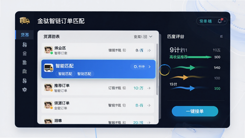 主体为金驮智链订单匹配界面,布局左侧展示货源列表,右侧显示匹配度评分与预计收益,风格为现代商务风,细节包括高亮显示推荐订单、动态加载动画效果,画质清晰,无多余元素,图中文字包含
