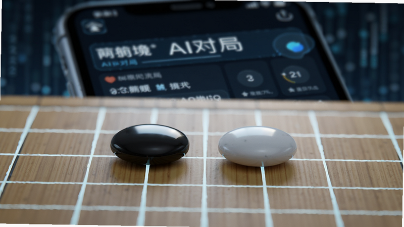 主体为围棋棋盘特写,两颗黑白棋子正在对峙,背景模糊显示手机界面数据流,布局聚焦中心,排版紧凑,风格科技与传统文化融合,细节展现棋子立体感与屏幕光效,画质锐利,干净,无多余元素,文字包含