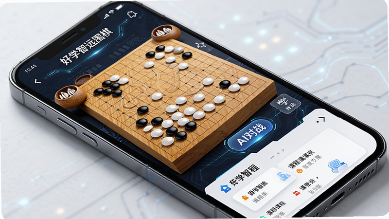 主体为手机屏幕显示的好学智远围棋应用界面,布局清晰,展示棋盘、AI对战按钮及课程列表,排版简洁现代,风格科技感强,细节包含棋盘纹理与棋子光泽,画质高清,干净,无多余元素,文字包含