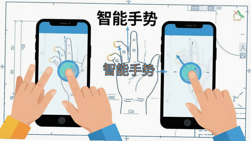 展示手指在手机屏幕上进行双指缩放和单指拖拽的动作图解,背景为CAD图纸,文字标注“智能手势”,风格扁平化设计,色彩明快,布局清晰,画质干净,无多余装饰