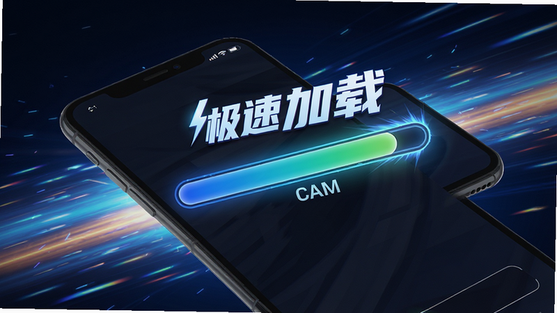 展示CAD手机速看图王极速加载过程的示意图,手机屏幕上显示进度条瞬间完成,背景有速度光效,文字标注“极速加载”,风格科技感强,色彩鲜艳,画质高清,干净无杂乱
