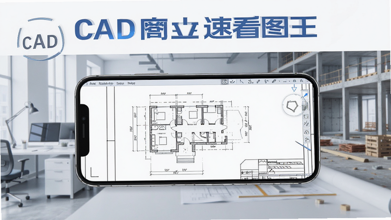 一张展示CAD手机速看图王应用界面的宣传图,主体为智能手机屏幕,屏幕中显示着清晰的建筑CAD图纸,背景为现代办公室或施工现场,风格简洁专业,色彩以蓝白为主,突出软件的高效与便捷,画质清晰,无多余元素