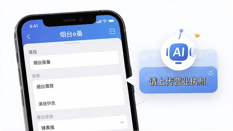 展示手机屏幕上“烟台e备”的填报界面,表单字段清晰,旁边有一个AI助手图标正在提示“请上传营业执照”,界面整洁,字体清晰,现代商务风格,高清