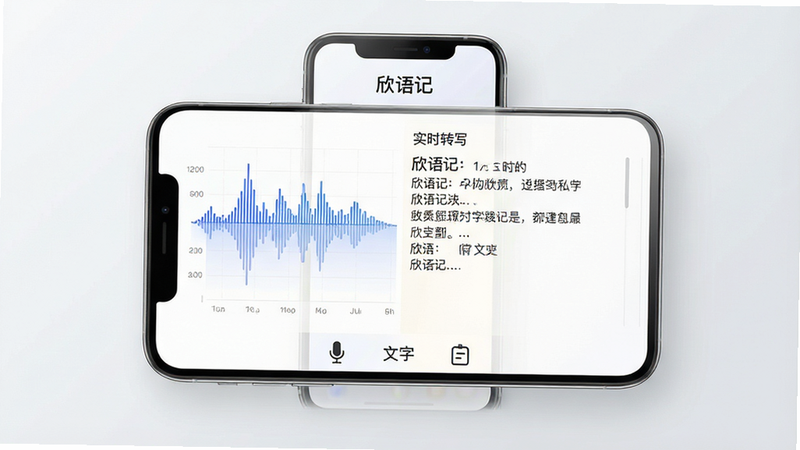一张展示“欣语记”应用界面的高清UI设计图,主体为手机屏幕居中显示,背景为干净的浅灰色渐变。屏幕上方显示应用名称“欣语记”,中间区域分为左侧波形图和右侧实时转写文字区,文字清晰可见。底部有三个主要功能图标:录音、文字编辑、历史列表。整体风格简约现代,科技感强,无多余装饰元素,4K画质,清晰锐利。