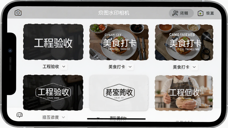 主体为“炅图水印相机”模板选择列表界面,展示多种水印样式缩略图,如“工程验收”、“美食打卡”,排版整齐,风格商务简约,细节精致,画质清晰,干净无多余元素