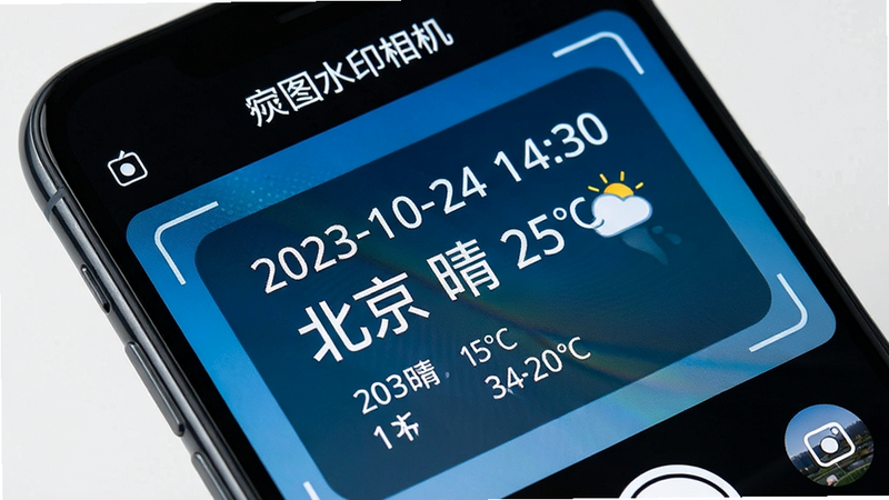 主体为手机屏幕特写,展示“炅图水印相机”拍摄界面,水印包含“2023-10-24 14:30”、“北京 晴 25°C”等文字信息,字体清晰,布局紧凑,风格科技感,细节锐利,画质4K,干净无多余元素