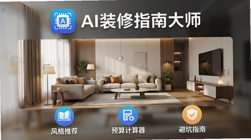 主体为“AI装修指南大师”安卓应用的高清宣传海报,布局采用中心对称式排版,上方醒目展示软件Logo与名称,中间展示现代简约风格客厅3D渲染效果图,下方排列三个核心功能图标:风格推荐、预算计算器、避坑指南。风格为科技感与家居温馨感结合,细节丰富,光影柔和,画质超高清,干净无多余元素,文字清晰可见