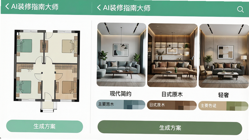 展示“AI装修指南大师”应用内的风格推荐界面,左侧为户型平面图,右侧并排展示三种不同风格的客厅效果图(现代简约、日式原木、轻奢),每个效果图下方标注风格名称与主要色调,界面底部有“生成方案”按钮,风格扁平化设计,色彩清新,细节精致,画质清晰,无多余装饰,文字“AI装修指南大师”清晰可见