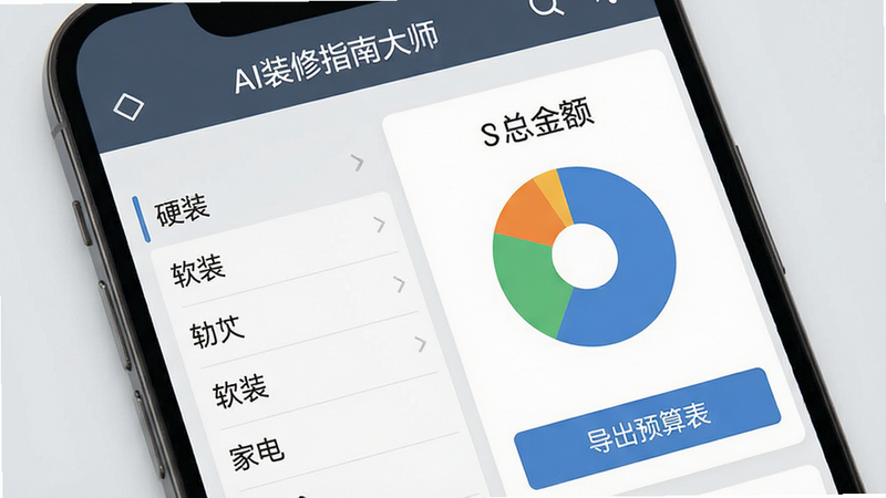 展示手机屏幕上“AI装修指南大师”的预算计算界面,左侧列出硬装、软装、家电等分类条目,右侧显示总金额与各项占比饼图,界面下方有“导出预算表”按钮,背景为浅灰色,风格简洁商务,细节清晰,画质高清,无多余元素,文字“预算明细”清晰可见
