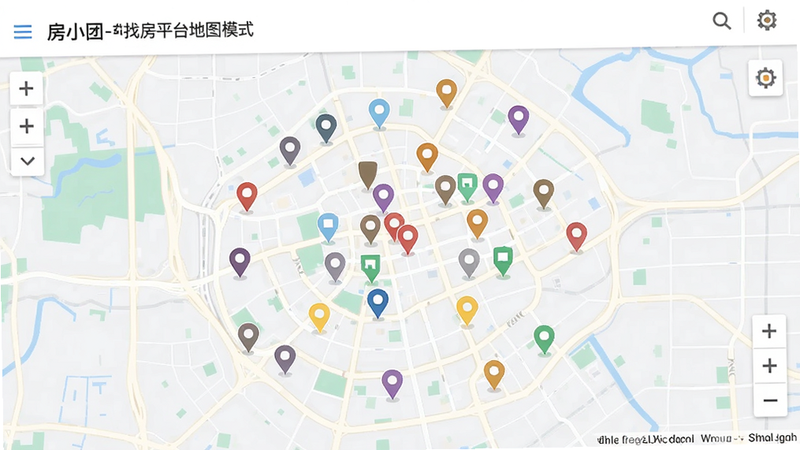 房小团-新房找房平台的地图模式界面,主体为城市地图,上面分布着不同颜色标记的楼盘点,布局清晰,风格扁平化,细节显示地图缩放控件,画质高清,干净