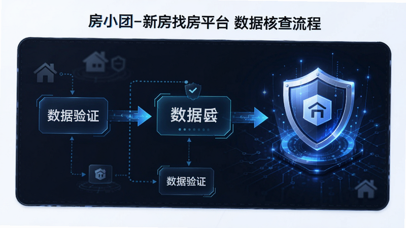 展示房小团-新房找房平台的数据核查流程,主体为数据流与盾牌图标,布局为流程图形式,风格科技感强,细节显示数据验证环节,画质清晰,无多余装饰
